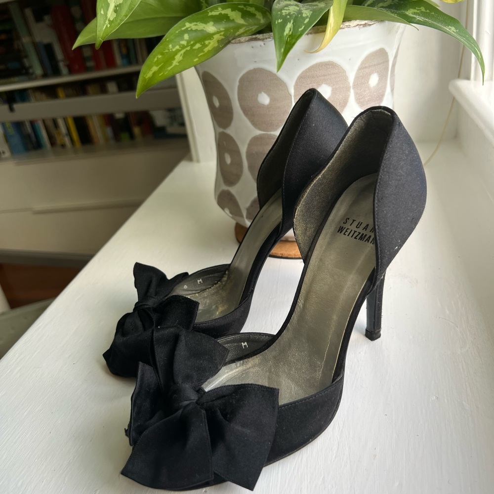 Black Satin Peep Toe Bow Pumps Stuart Weitzman
